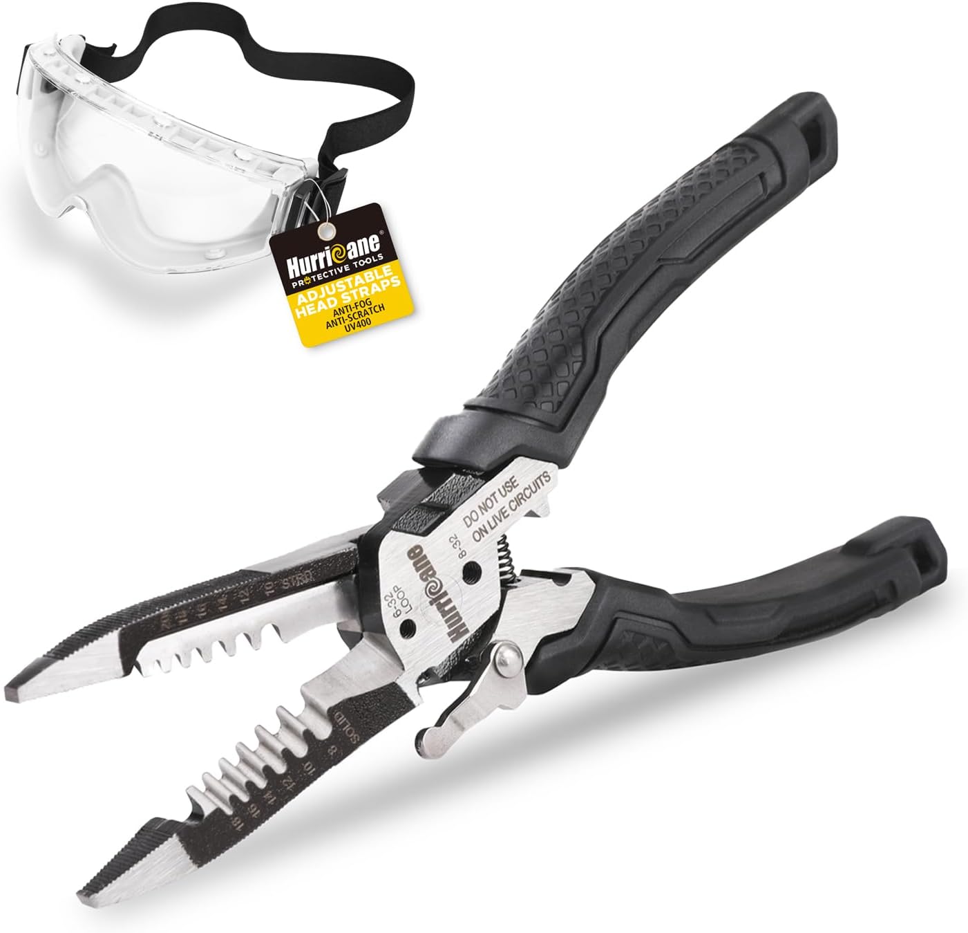 HURRICANE 6-in-1 Wire Stripper, Crimping Tool with Adjustable Head Strap Safety Goggles