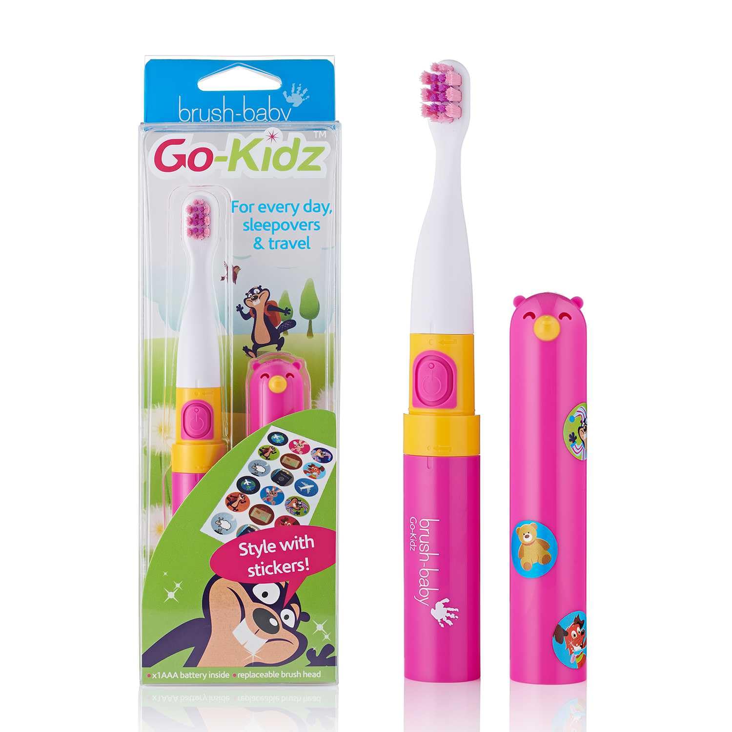 Brush-Baby Go-Kidz Electric Toothbrush for Ages 3+ Oral Care and Gum Care BPA Free Dishwasher Safe Includes 36 Stickers Set Available in Pink and Blue