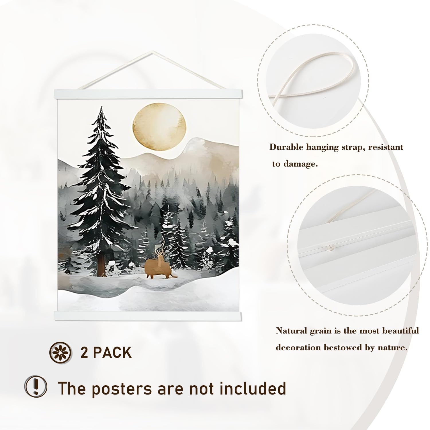 Sanauto Magnetischer A1-Poster-Aufhänger, heller Holzrahmen, Aufhänger für Foto, Leinwand, Kunst, große Größe, Wandkarte, Druck, Wandbehang (61 cm, Weiß, 2 Stück)