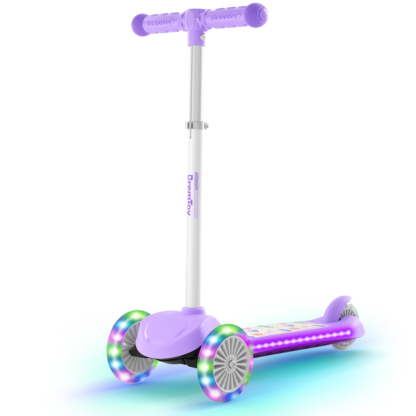 BremToy Patinete Niños 3 Años, Patinete Niños con Deck Luminosa y Ruedas LED de PU, Altura Regulable en 4 Niveles, Frenado Responsivo, Ligero, Patinete para Principiantes de 3 a 8 Años