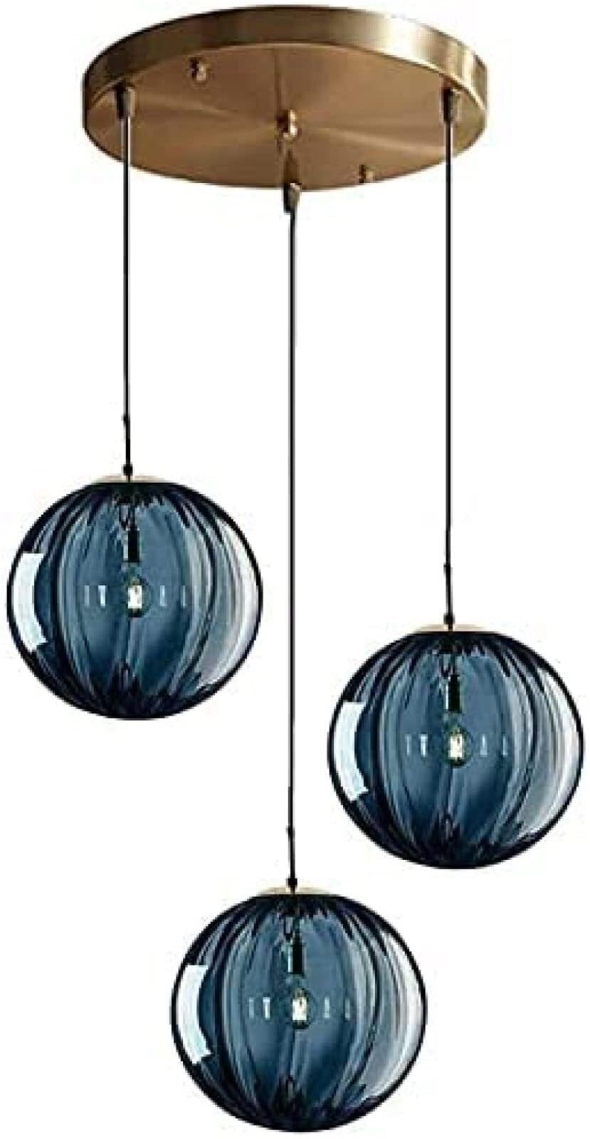 KXEcoLife Industrial Retro Loft Brass Glass Globe Pendant Lamp Chandelier Hanging Lighting Ceiling Fixture Three Way Cluster for Dining Room Kitchen Island(Blue)
