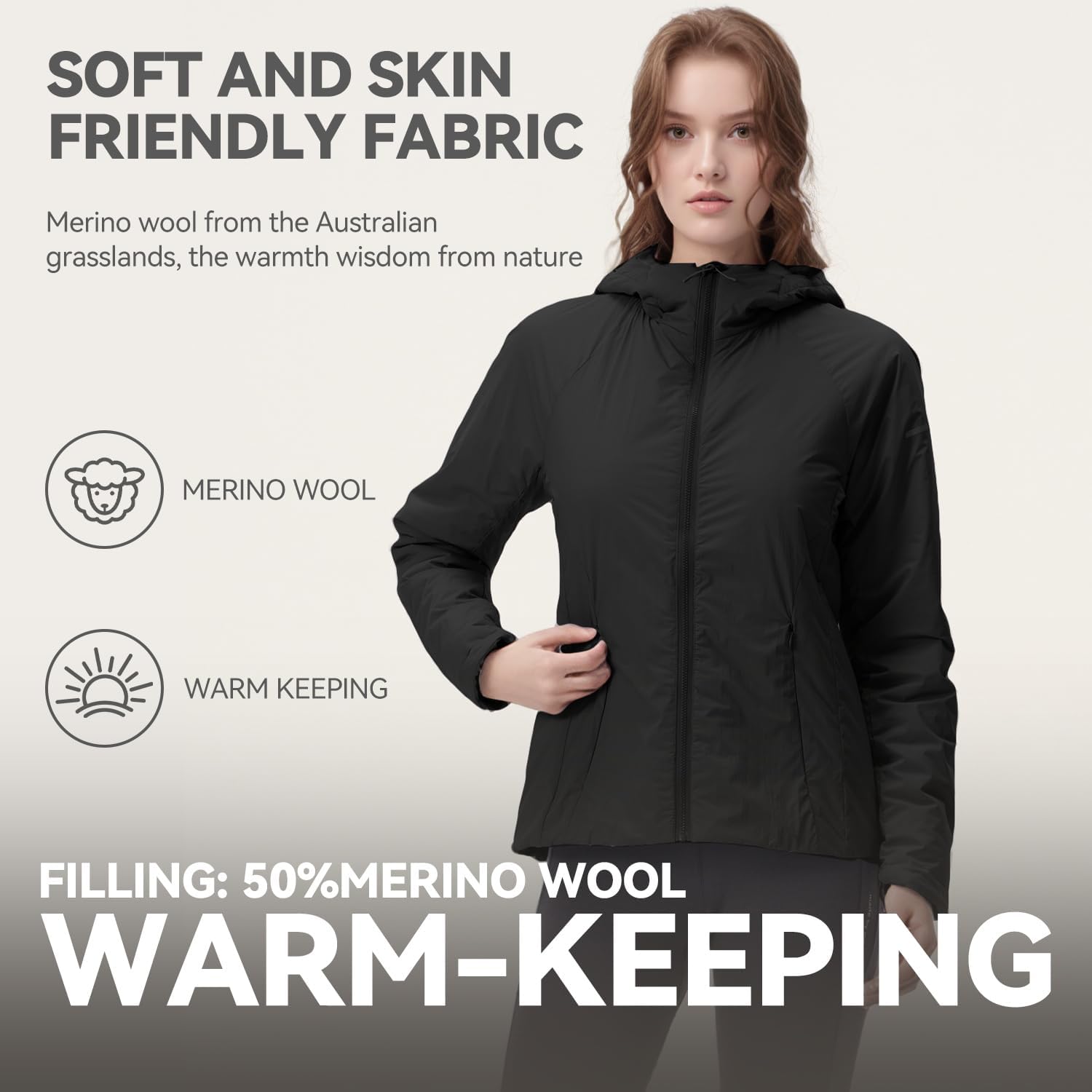 Women’s Lightweight Merino Wool Insulated Hooded Jacket – Warm Winter Coat, Zippered Pockets Jacket for Hiking Outdoors