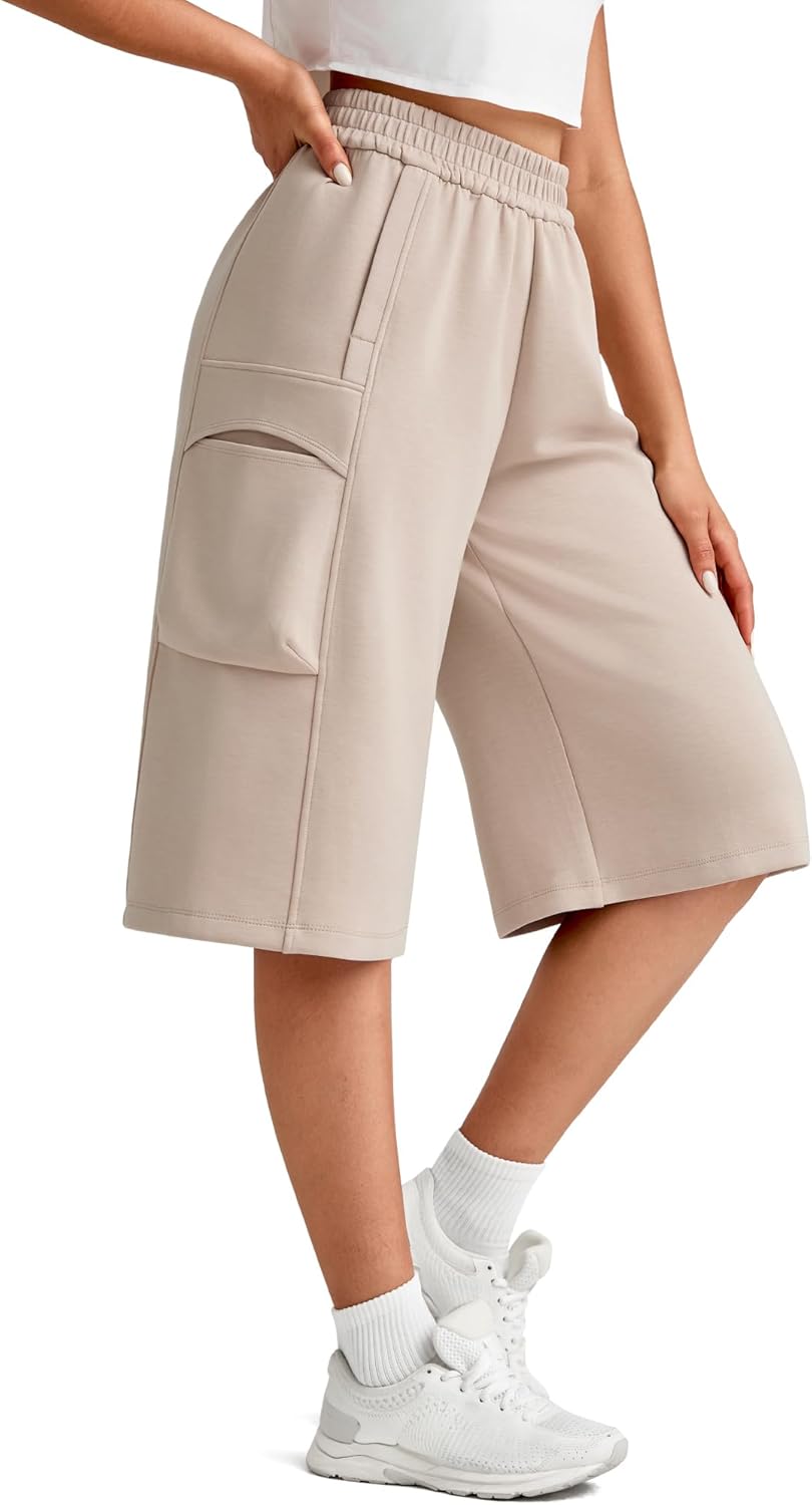 G4Free Smoofit Modal Soft Capri Yoga Pants for Women 13" Knee Length Wide Leg Cargo Sweatpants Travel Casual Bermuda Shorts