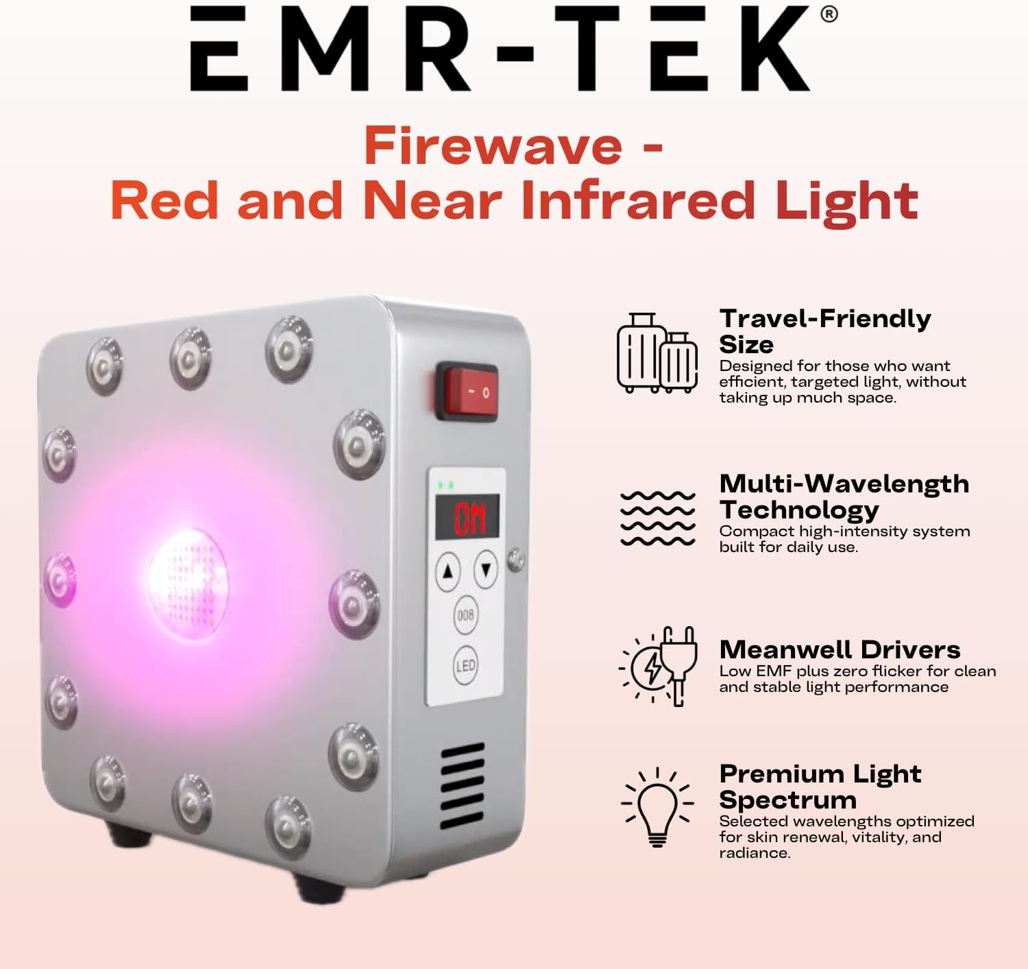 EMR-TEK Firewave | Red Light Therapy for Face & Body, Blend of Red (630nm 670nm) & Near-Infrared (830nm) Light | Portable LED Lamp for At-Home Skincare Wellness, Supports Recovery & Full-Body Sessions