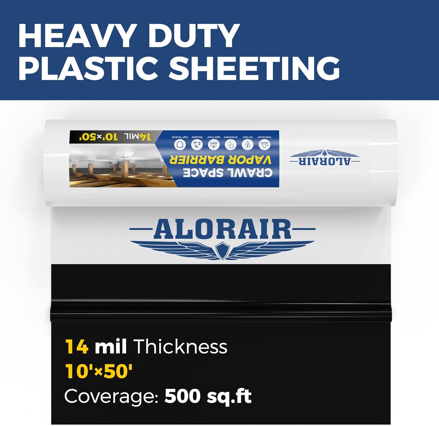 ALORAIR Crawl Space Vapor Barrier 14 mil 10'x50', Drop Cloth Vapor Barrier Covering for Crawlspace Encapsulation Moisture Control, Thick Plastic Sheeting Heavy Duty, Black and White Panda Film