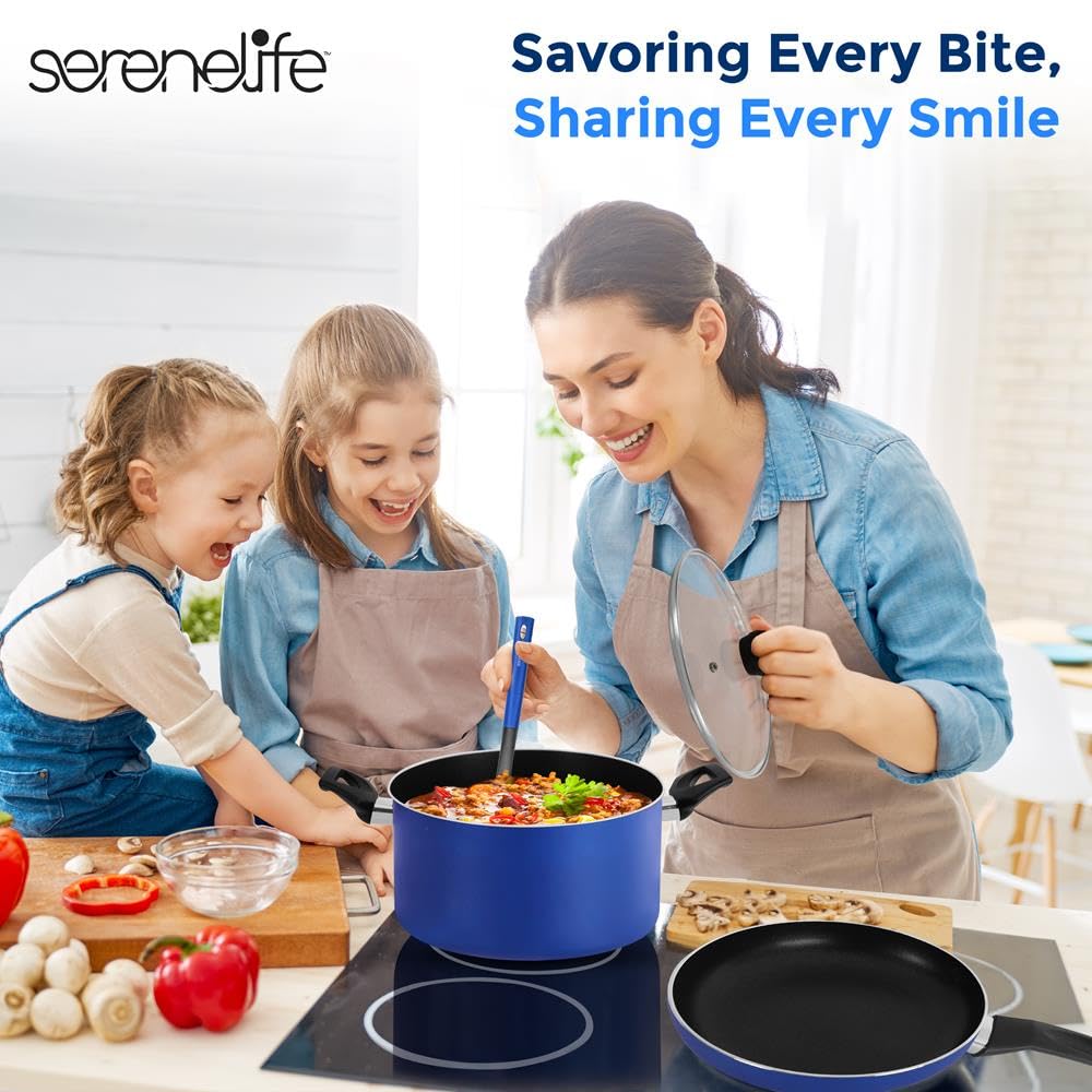 SereneLife bateria de cocina, Antiadherentes, 15 piezas, Resistentes al calor, Sartenes y ollas con tapas, Incluye utensilios