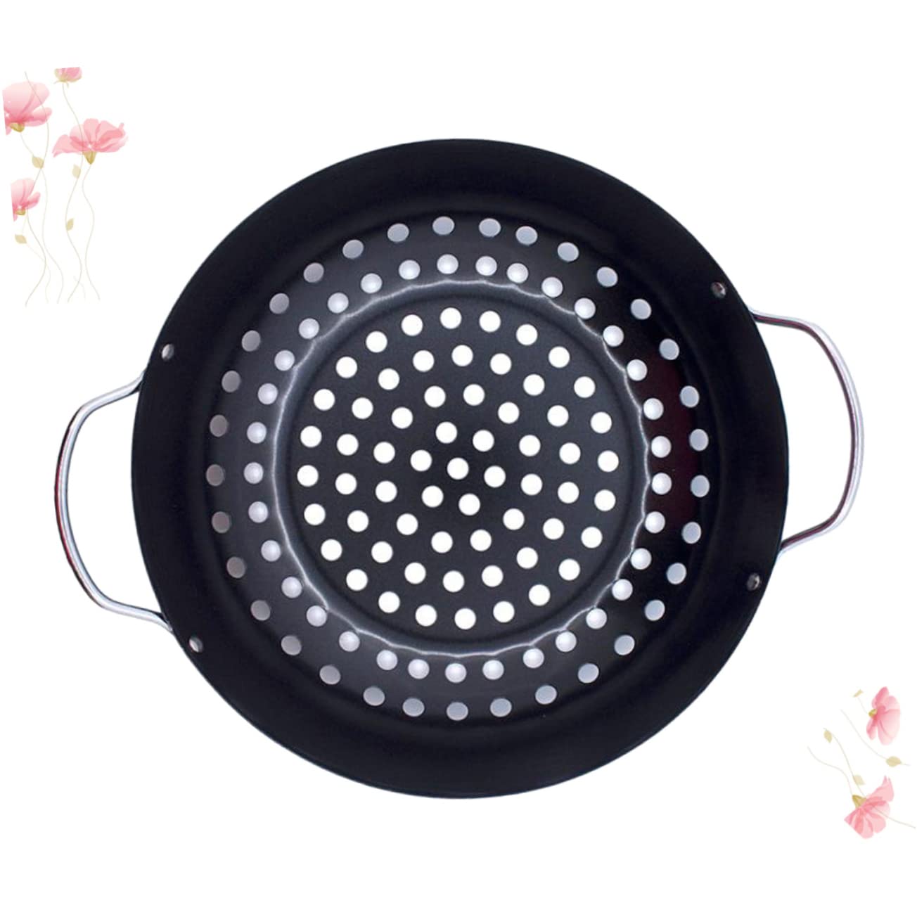 INOOMP Sartén Antiadherente para Parrilla de Acero Negro con Diseño de Agujeros y Mango, Plato de Barbacoa para Cocinar Verduras y Pescado en Casa Aire Libre