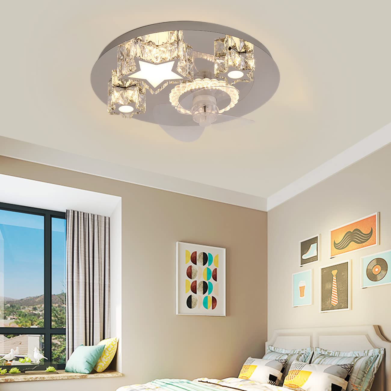 YUNZI Crystal Ceiling fans with Lights and Remote 3 speeds Silent Fan LED Dimmable Ceiling Lights With Timer For Bedroom Living Room Dining Room Fan Lighting 50 * 12cm