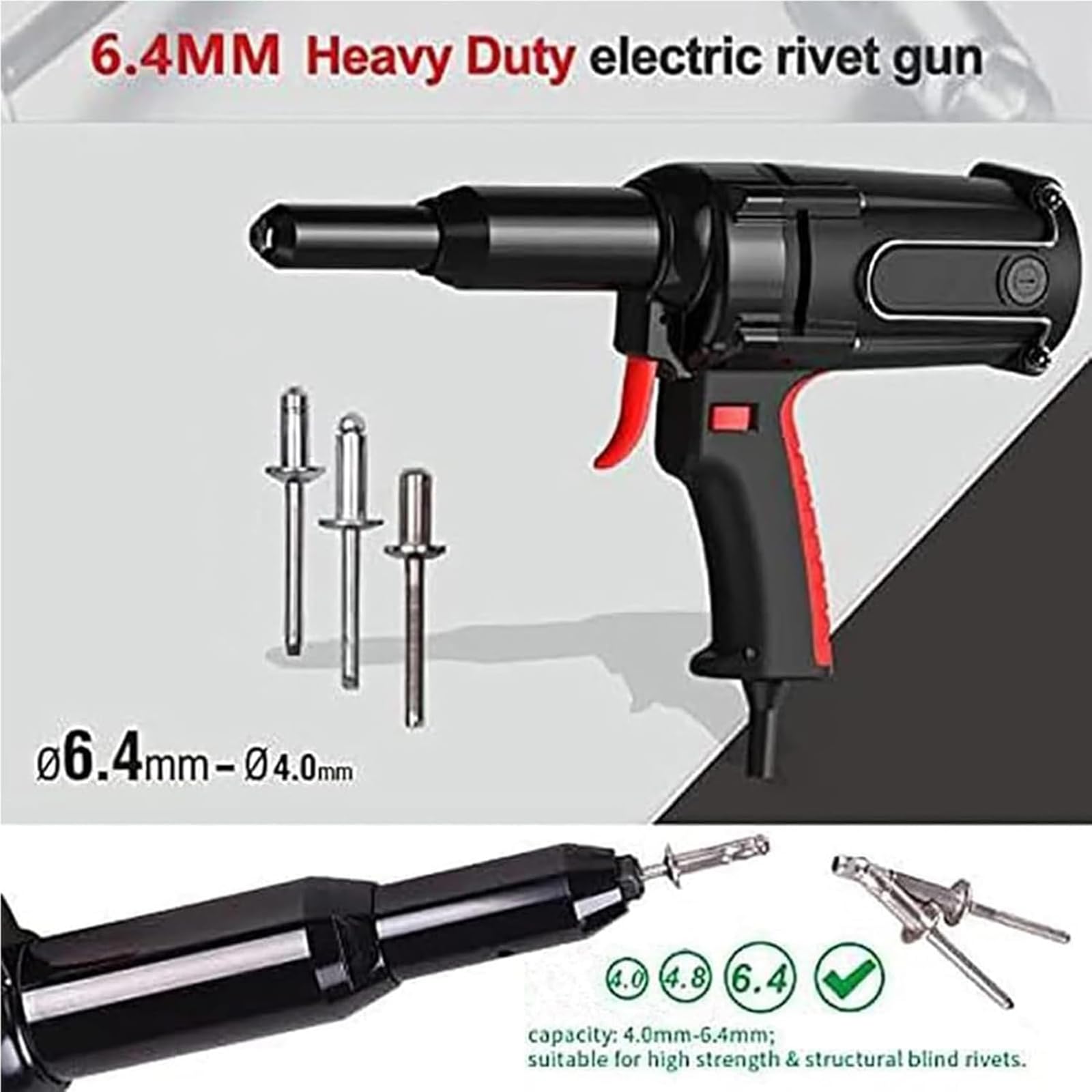Elektryczny pistolet do nitowania, ręczna przenośna automatyczna nitownica do aluminium, żelaza, miedzi, stali nierdzewnej - zestaw adapterów do wiertła do nitów 4,0 mm - 6,4 mm