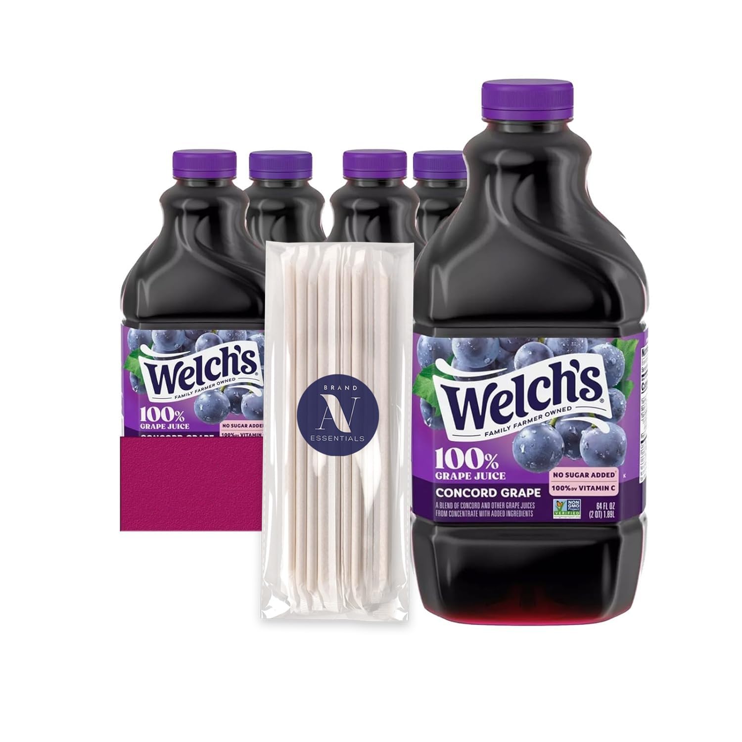 Welch's 4- Pack of 100% Concord Grape Fruit Juice Drink, 64 fl oz Plastic Bottle + 1 Freebie by Lavinia Essentials Brand