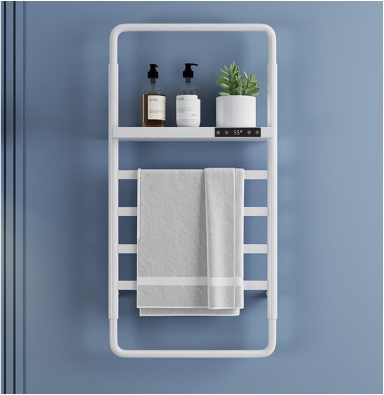 Toallero eléctrico con calefacción, radiador de acero inoxidable montado en la pared con estante superior para baño, calentador de toallas de bajo consumo, diseño que ahorra espacio (cableado blanco