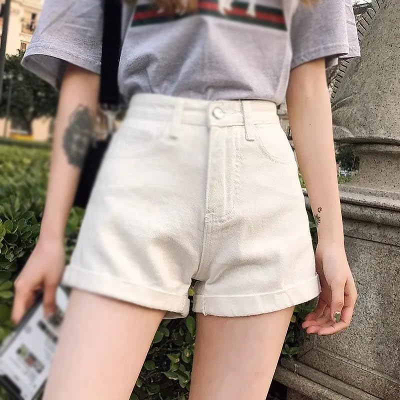 Pantalones cortos de mezclilla para mujer, de verano, cintura alta, sueltos, gris, S