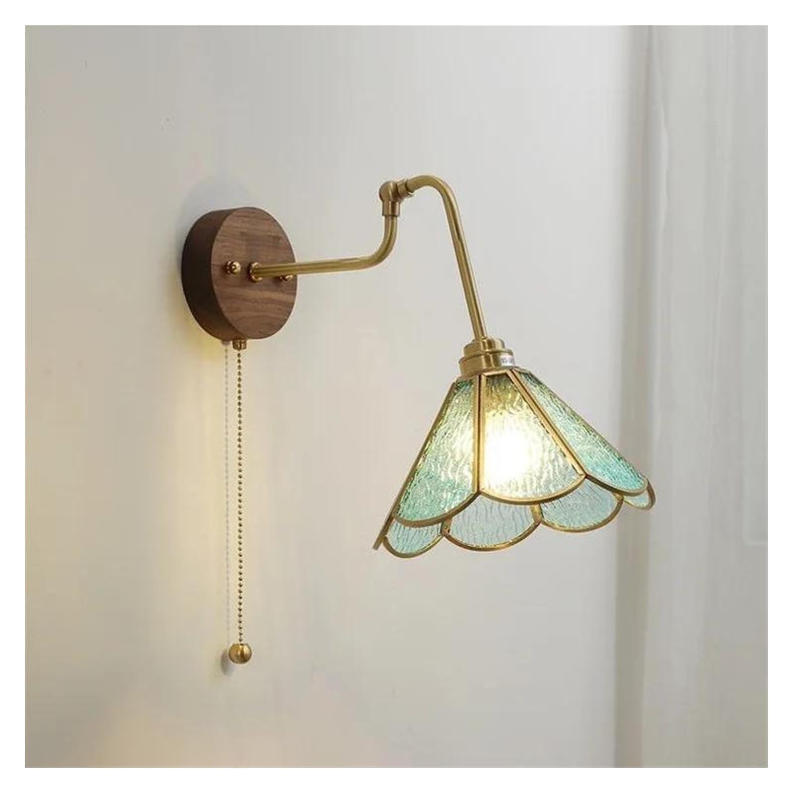 JYBNBBE Wall Sconces, Green Glass Copper LED Wall Lamp Sconce Pull Chain Switch Walnut Wood Base Bedroom Dinning Living Room Light Wandlamp