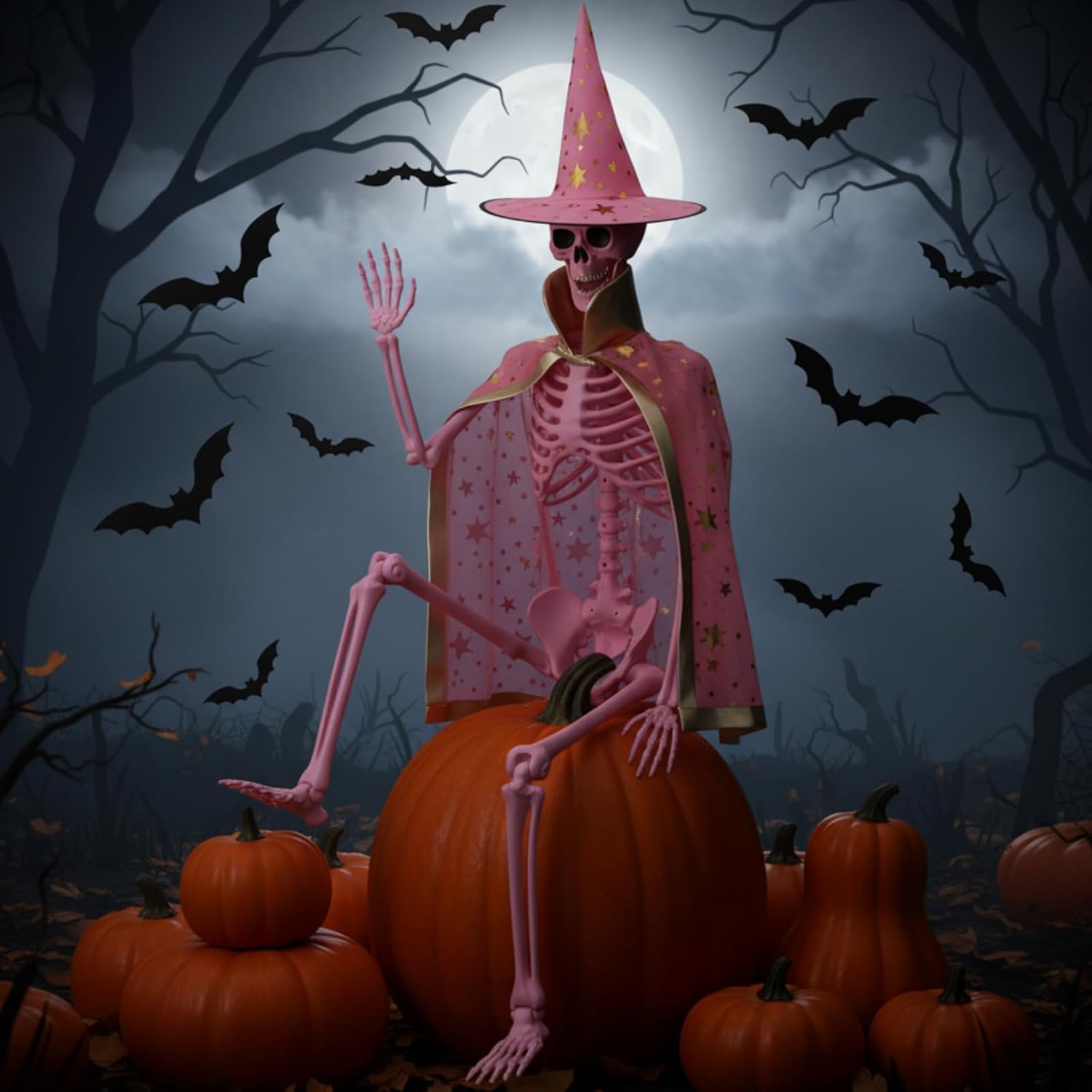 Tellingyou Halloween Pink Skeleton Decor with Witch Costume Set Include 5.4 ft Giant Posable Skeleton, Witch Cloak & Hat for Graveyard, Haunted House, Party Decoration