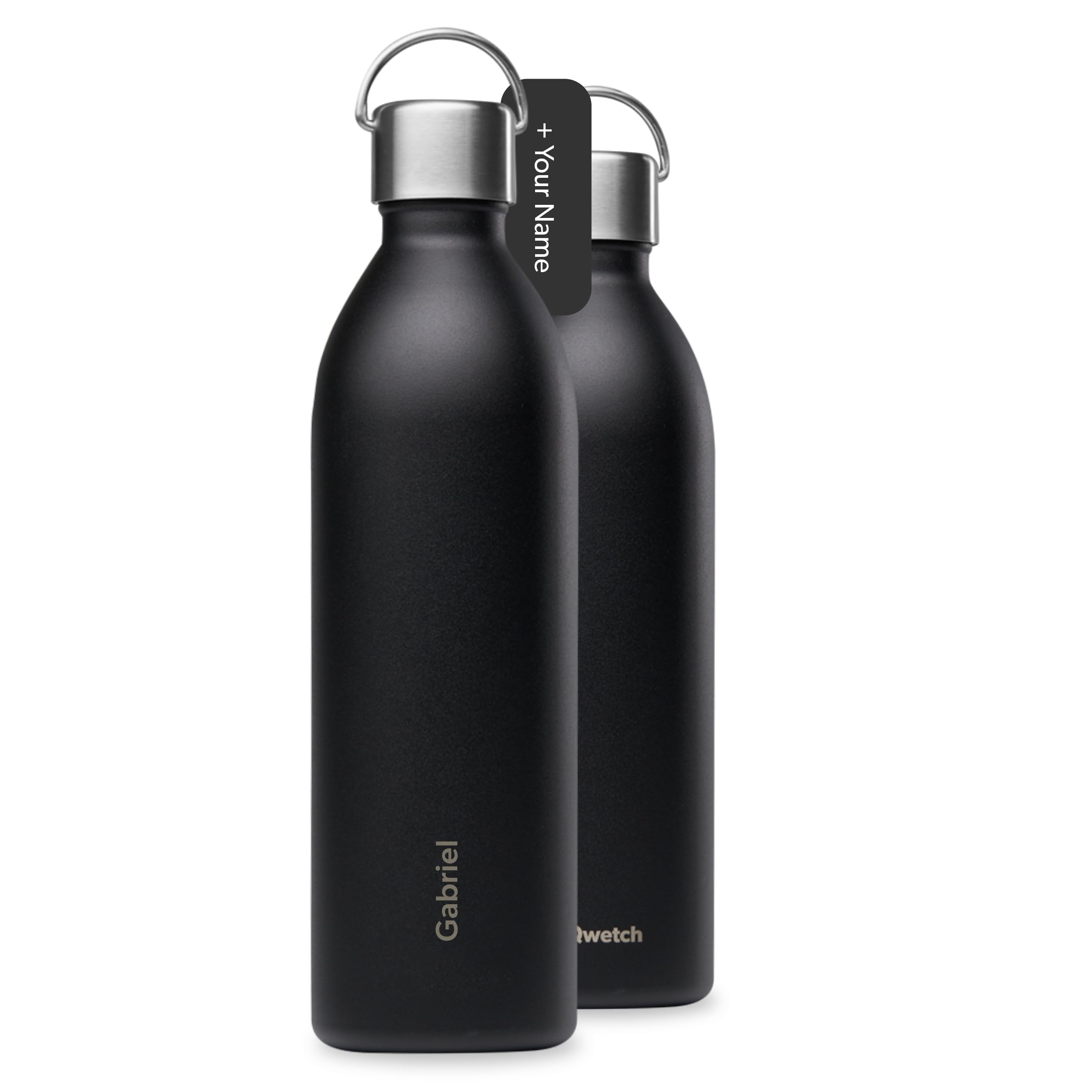 Qwetch - Bouteille Isotherme Personnalisable Noir 1L- Gourde Prénom Gravé - 24h Froid/12h Chaud - Inox Recyclé - Étanche & Compacte