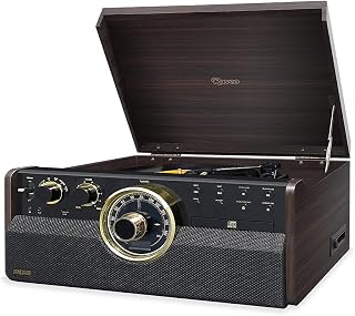 Raveo Vitrola Vanguard Maple com Toca discos de 3 velocidades, Rádio FM, CD e Cassete players, USB (reproduz e grava), entrada e saída auxiliares e tecnologia de conexão Bluetooth, Grande