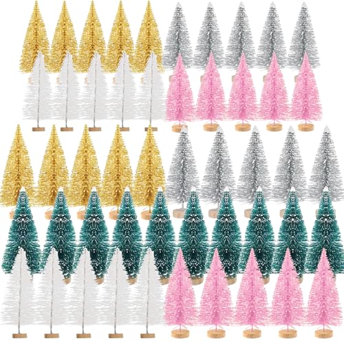 Mini albero di Natale artificiale, 50 pezzi, in miniatura, con effetto neve, glitter rosa, oro, bianco, argento, blu, decorazione natalizia, decorazione da tavolo, fai da te, 50 pezzi