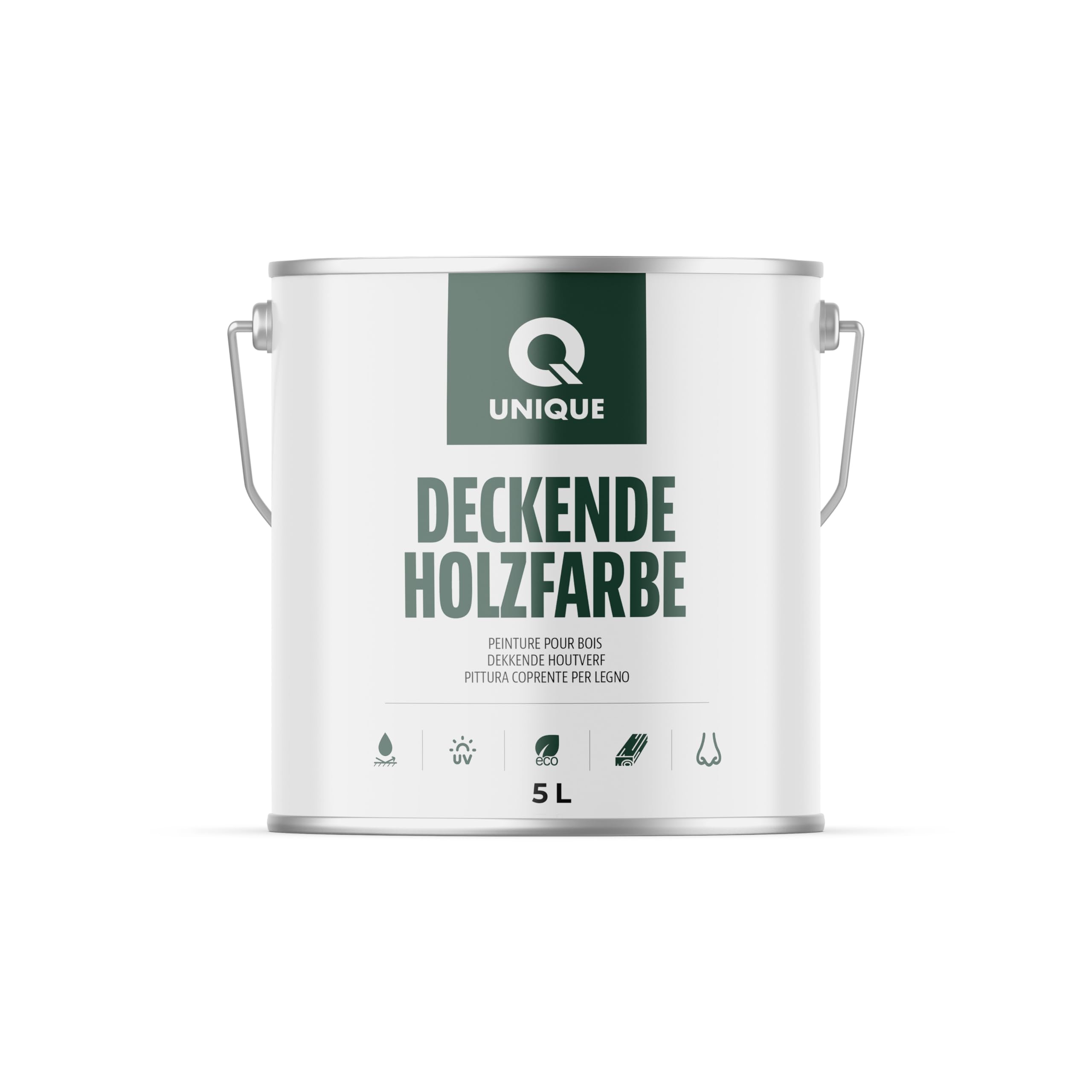 Q UNIQUE Deckende Holzfarbe Innen & Außen – Wasserbasierte Wetterschutzfarbe für Holz, MDF, HDF & OSB – UV-beständig, wetterfest – Für Gartenmöbel & Holzzaun – Hochglanz, Satin, Halbmatt