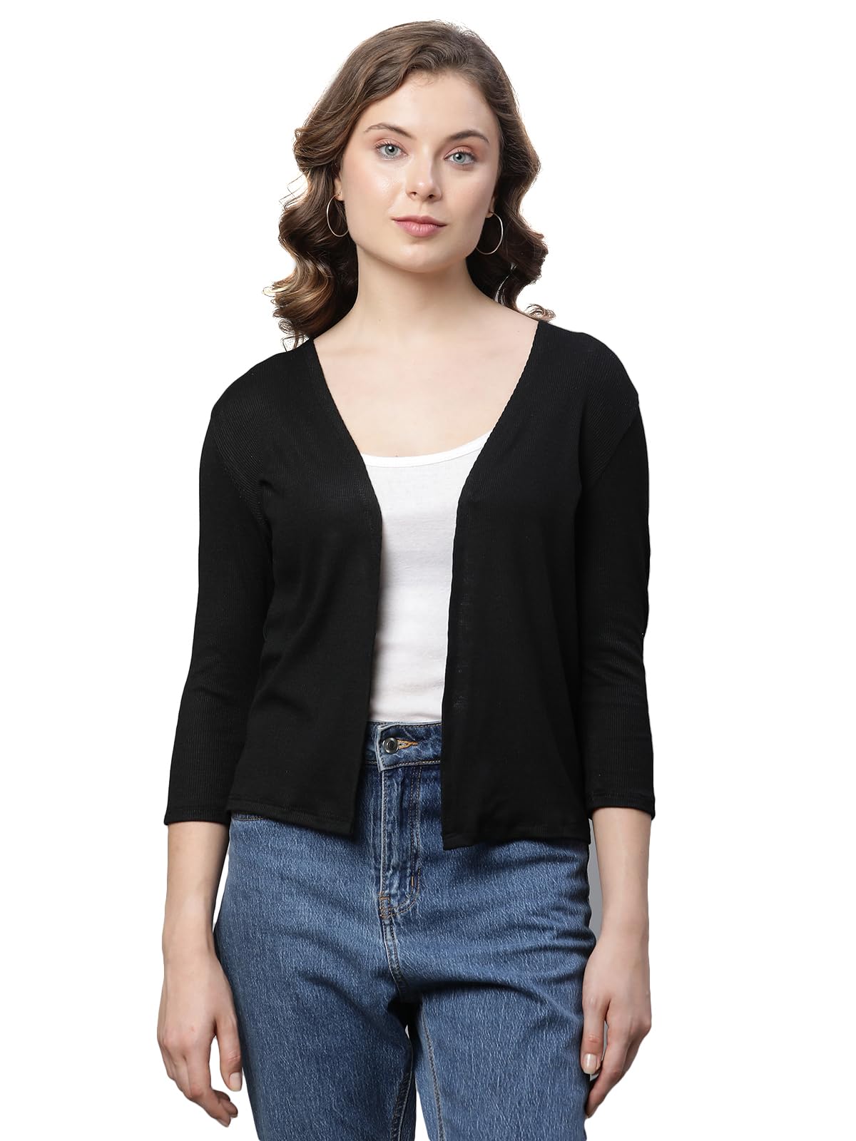 tenacity Women Cotton Rib Regular 3/4 Sleeves Open Front Shrug-picture-31