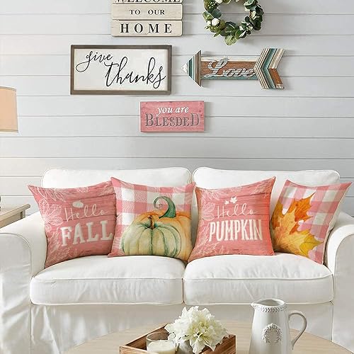 Miniatura 7 de Juego de 4 fundas de almohada decorativas de otoño de 20 x 20 pulgadas, decoración de calabaza, a cuadros, para exteriores, granja, otoño, Acción de