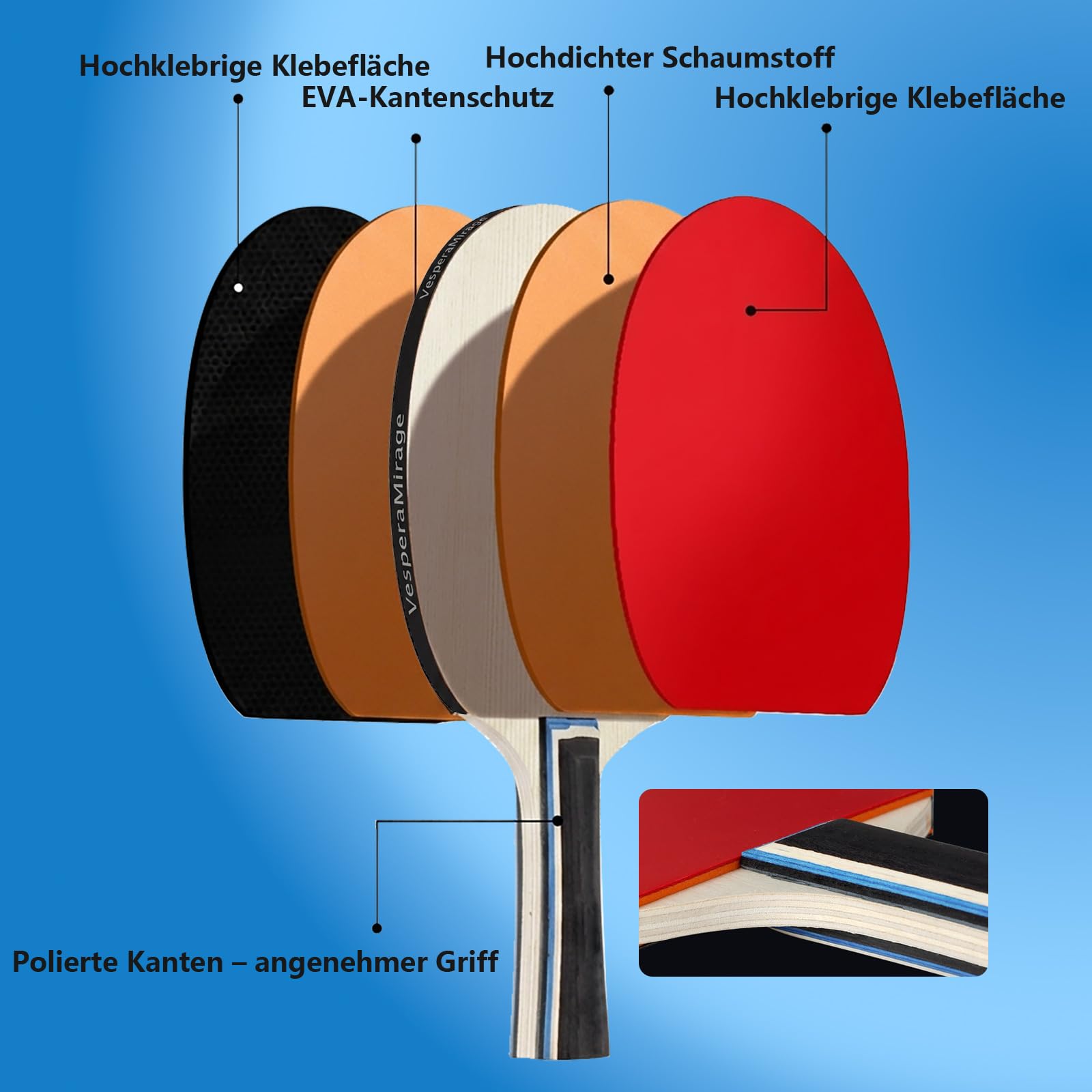 Professionelles Tischtennis-Set — 7-schichtige Lindenholz-Schläger (beidseitig Noppen-innen-Belag), ausziehbares Netz (passend für Tischplatten bis 5 cm Stärke), 3 ABS-Tischtennisbälle und tragbare Au