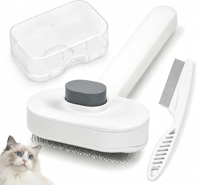 Cat Brush for Shedding, Self Cleaning Slicker Brush for Cats Dogs | White Premium Design, Dense Bristles for Shedding, Includes Fine Comb & Dustproof Box, for Long & Short Hair Cats