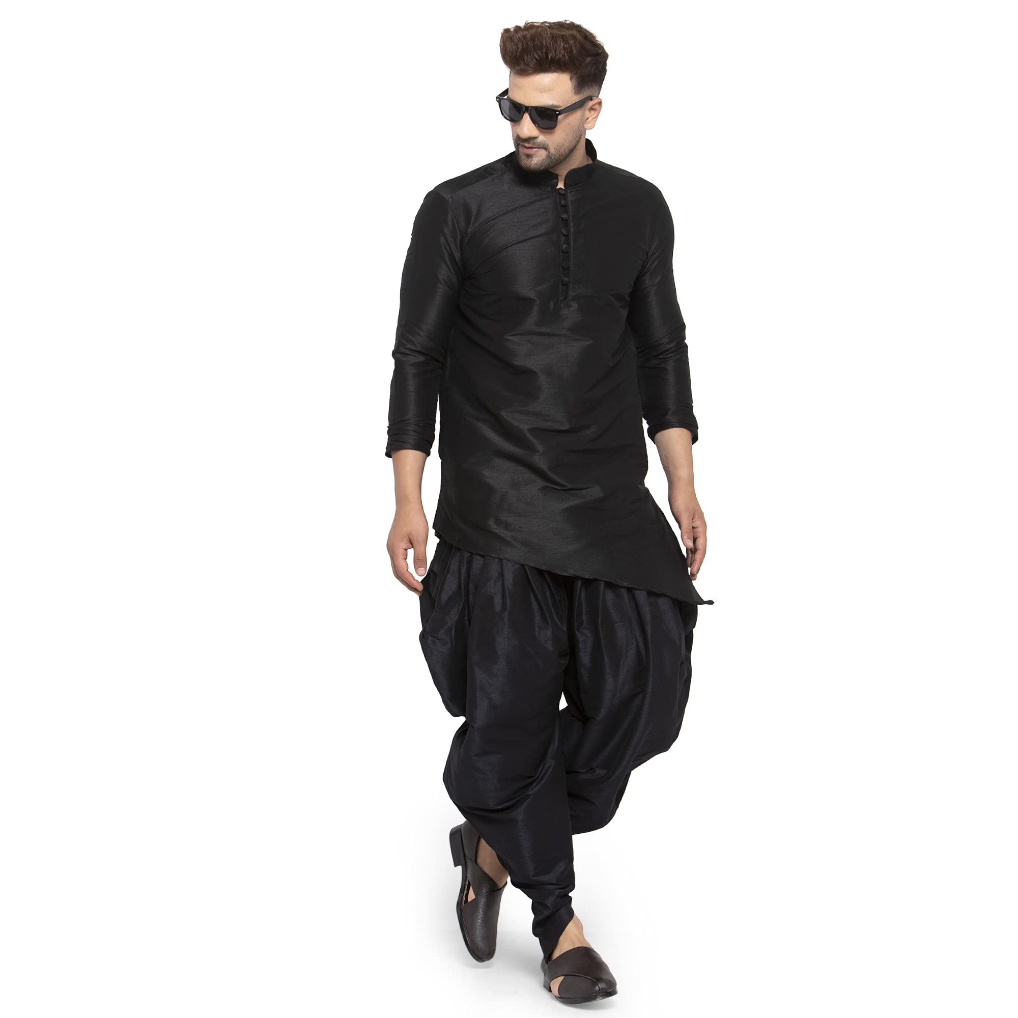 26 i Men's Silk Balloon Salwar Dhoti Pant Set (Black Slant Slit But Black Sal Dh 42_Black_42)-picture-19