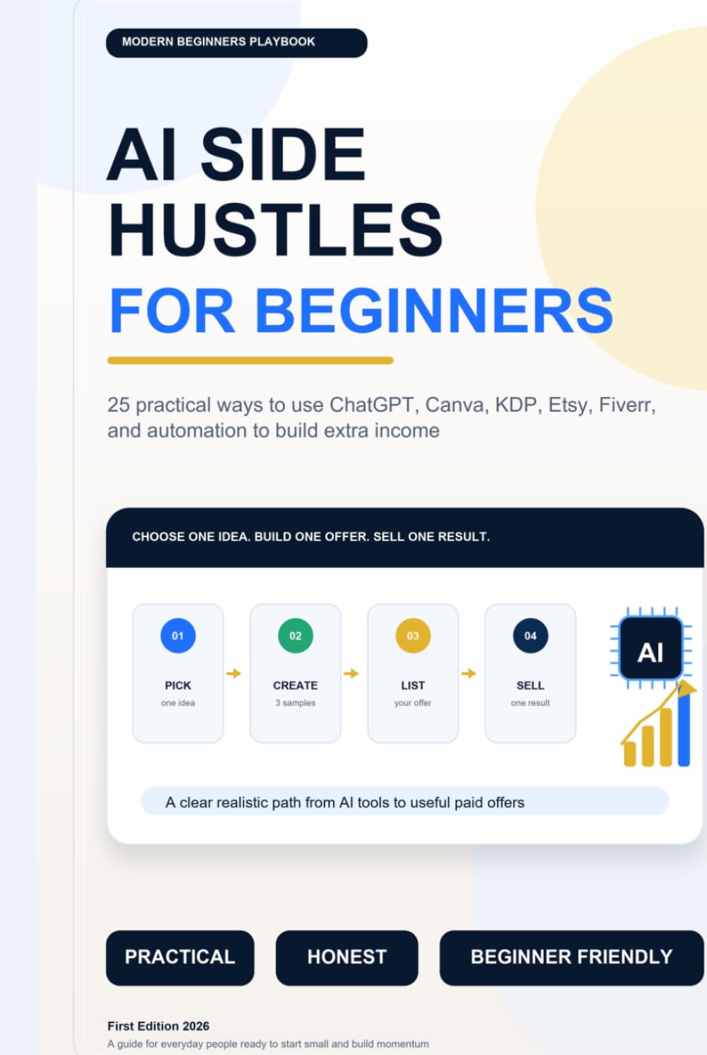 AI Side Hustles for Beginners: 25 Practical Ways to Use ChatGPT, Canva, KDP, Etsy, Fiverr, and Automation to Build Extra Income.