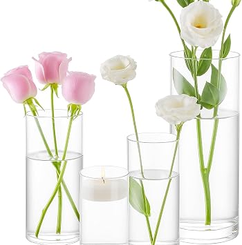 Glass Vase Set, Decorative Clear Cylinder Flower Vases for Home Decor, Wedding Centerpieces, 4 Pack