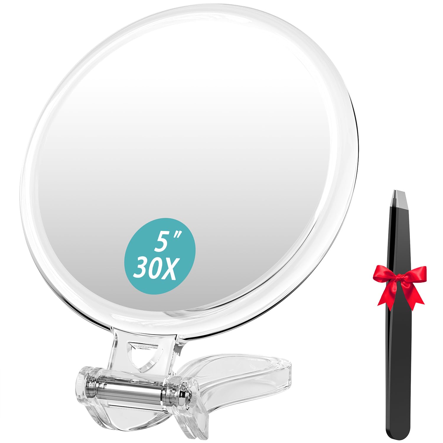 Auxmir Espejo de Mano, Aumento 30X / 1X Doble Cara, Espejo de Maquillaje con Asa Plegable Colgar Pared, Portátil para Viaje Baño, Redondo, Transparente