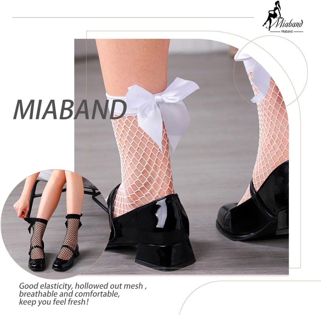 Fishnet Sheer Socks Bow Mesh Net Socks Elastic Hollow Short Sock for Women 2 Pairs - Image 3