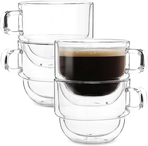 BTT- Tazas de café aisladas apilables, paquete de 4 unidades de 12 onzas (11.8 fl oz), ideales para bebidas calientes y frías, tazas de capuchino