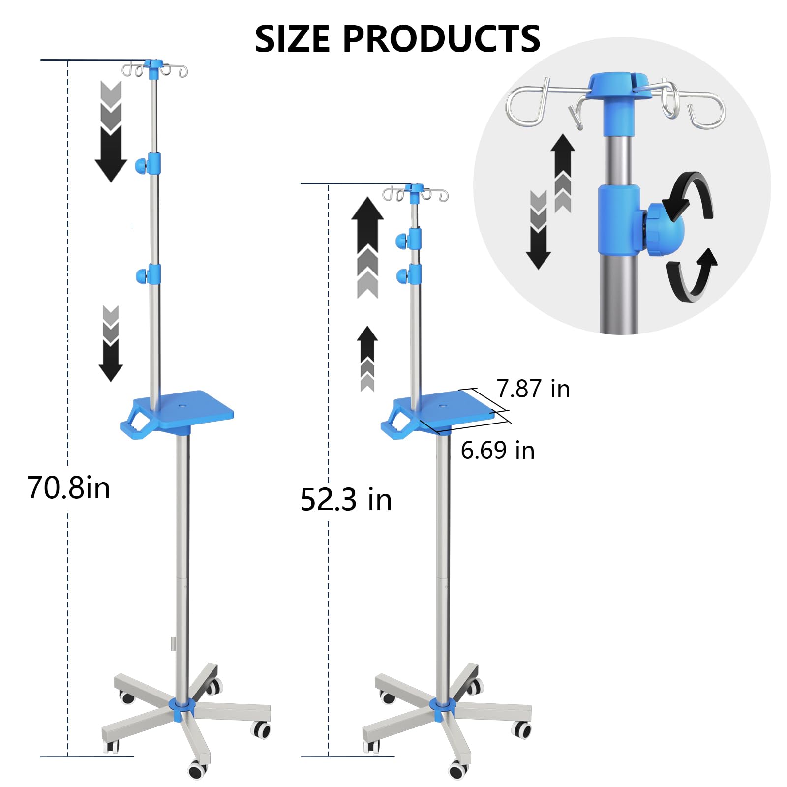 Rolling IV Supporto con vassoio – Supporto IV in acciaio inox con 4 ganci, ruote e struttura regolabile in altezza per cliniche e a casa
