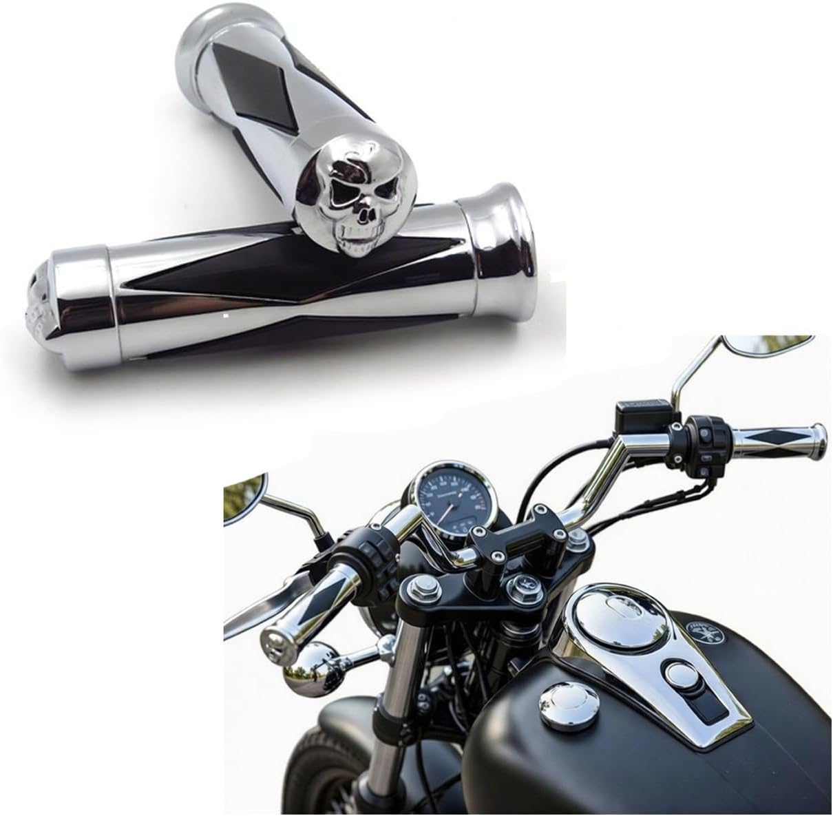 SKULL PIVOT- 1 Inch Handlebar Ckull Chrome Hand Grips, Black Rubber and Billet Aluminum, Ergonomic Non-Slip Design, Fits Universal Motorcycles with 1" Bars (No Hydraulic)