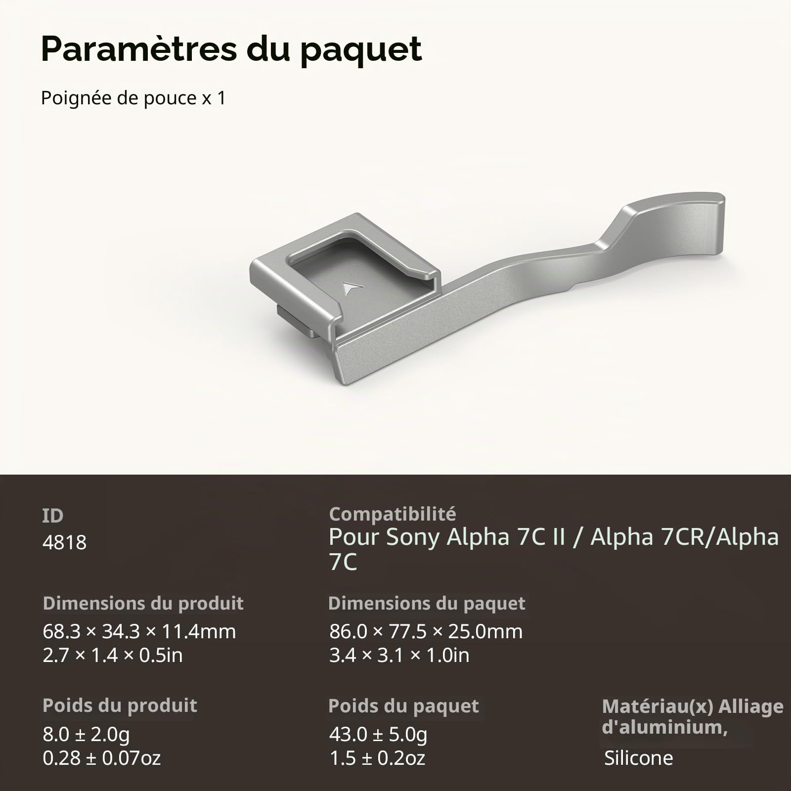 SMALLRGI Cold Shoe Poignée de Pouce pour Sony Alpha 7C II/Alpha 7CR / Alpha 7C, Design Ergonomique, Griffe Froide Intégrée, pour Lumière, Microphone, Poids Seulement 8 g (Argent) - 4818
