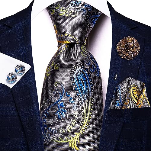 Image of Hi-Tie Men's Silk Ties Formal Woven Classic Necktie Pocket Square Cufflinks Lapel Pin Set Wedding Business