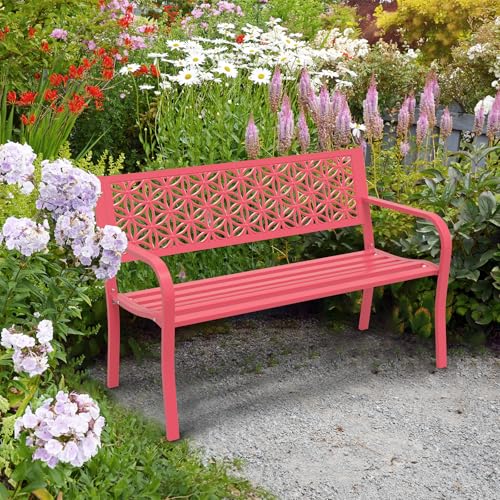 Image of VINGLI 50 inch Outdoor Bench Metal with Floral Back, Garden Bench Front Porch Bench for Yard Patio Entryway Park Outside, 800lb Capacity - Pink