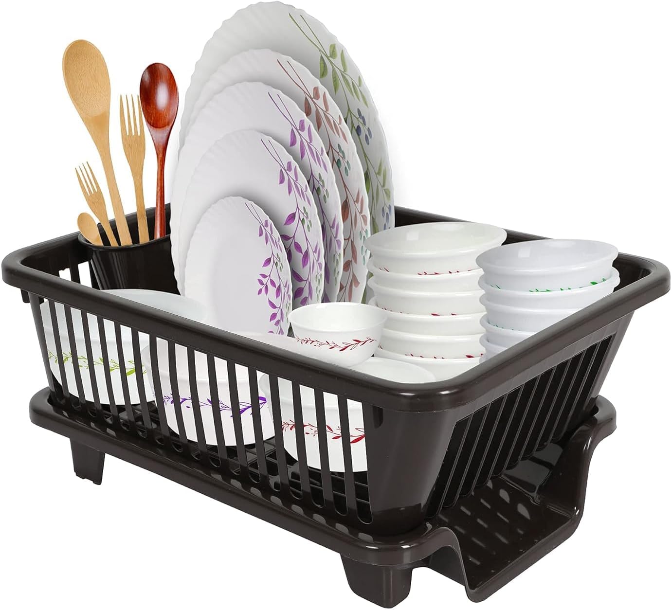 Simparte Dish Drying Rack – 3 in 1 Large Durable Plastic Utensil Basket with Spoon Holder & Removable Dish Drainer Tray | Unbreakable Kitchen Organizer (Dark Brown)