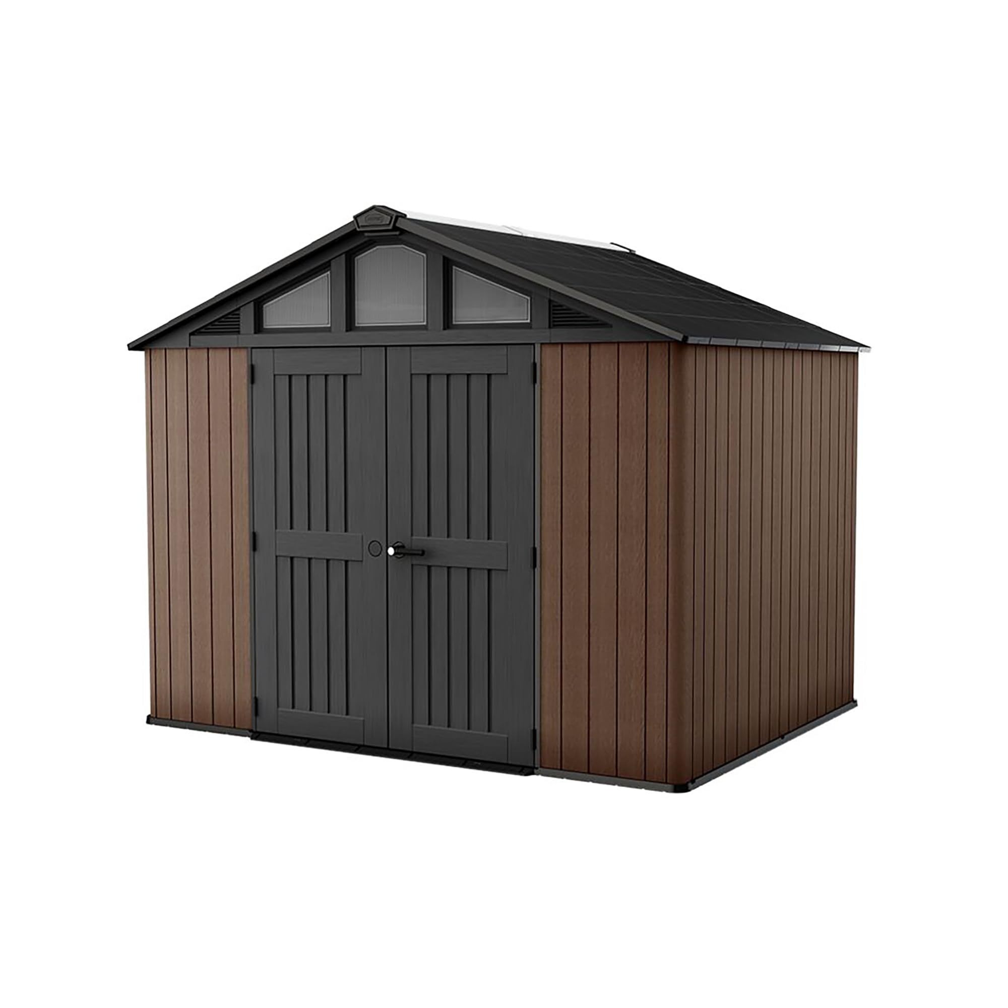 KETER Stronghold 10x8 Gartenhaus braun - Gerätehaus mit 7,1 m² Grundfläche, 6 Fenstern, Doppeltüren, stahlverstärkt, Holzoptik, inkl. Fußboden, 305 x 243 x 251 cm