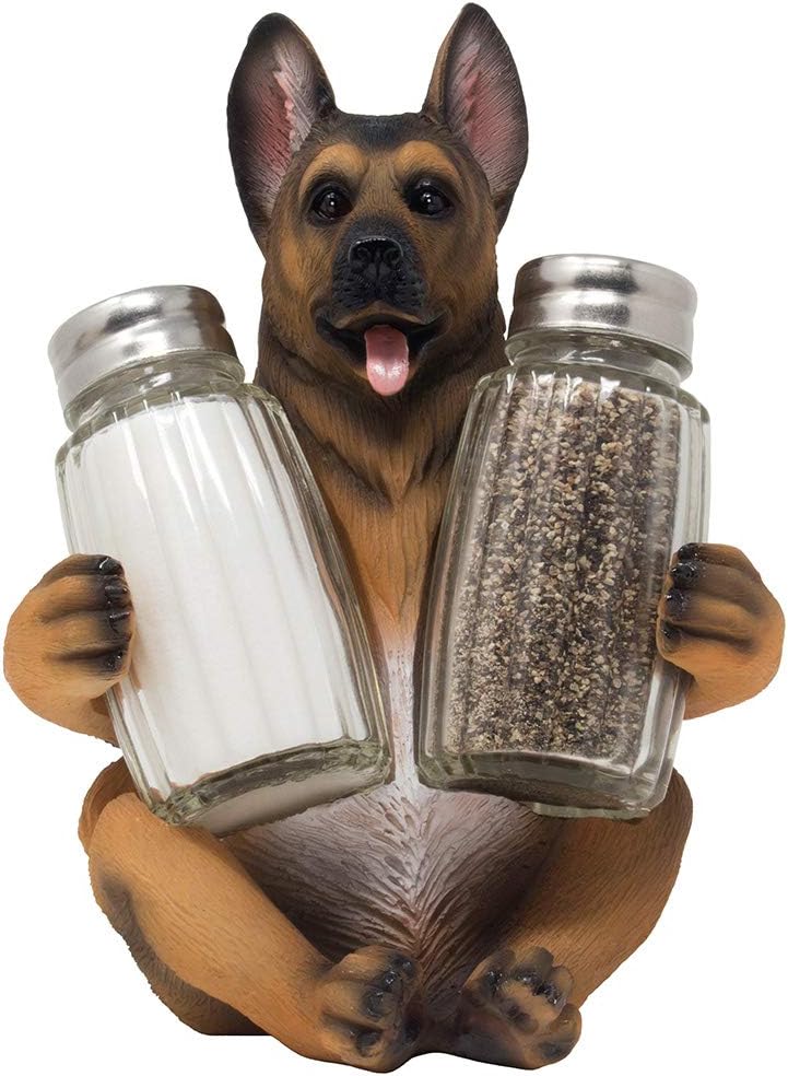 German Shepherd Police Dog Salt and Pepper Shaker Set with Decorative Display Stand Holder Canine Figurine for Kitchen Decor Table Centerpieces As K-9 Gifts for Policemen by Home-n-Gifts
