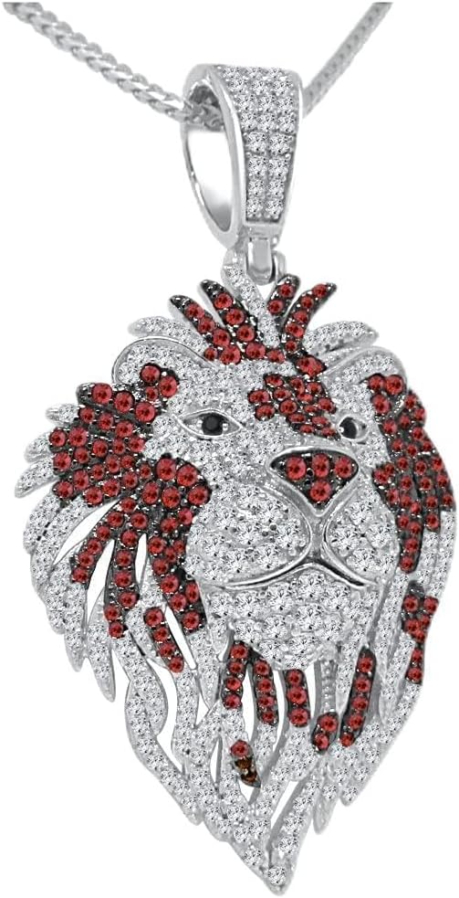 40+ Grams Authentic Italian Sterling Silver VVS1/D 3.00 Ctw. Simulated Diamonds 14K White Gold Finish Lion King Head Pendant Charm Free Chain Neckless 2.25 Inch.