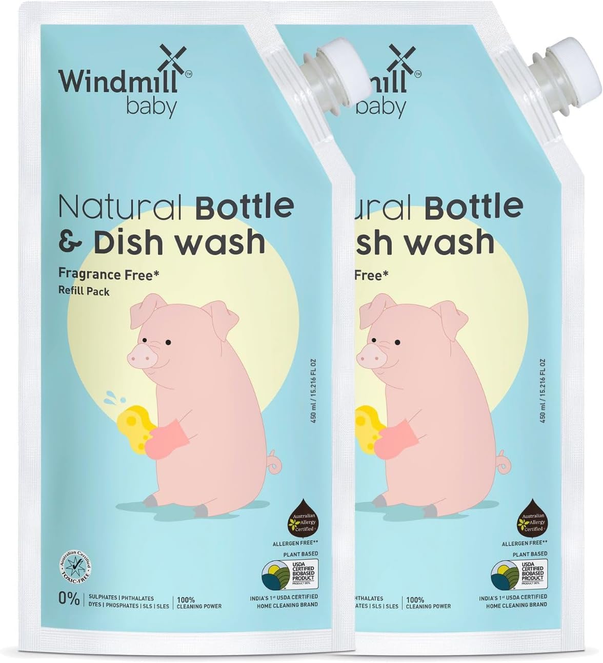 Natural Bottle Cleaning Liquid Refill, Fragrance Free, Allergen Free, USDA Certified, for Feeding Bottles, Pump Parts and more - Pack of 2 (450ml each)