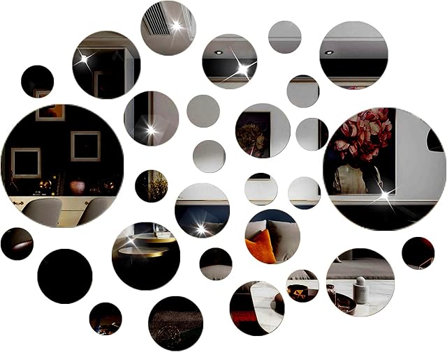 DIY Wall Decals Acrylic Mirror Sticker Set 60 Pcs, Circle Mirror Wall Stickers for Living Room Bedroom Decor (Black)