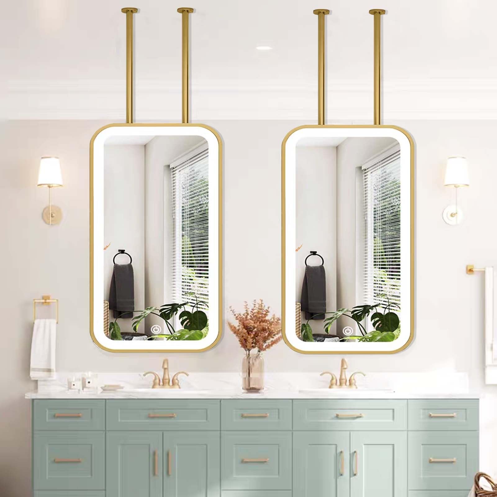 FGXHHS Square LED Mirror with Dimmable Light for Makeup Ceiling Mounted Touch Screen Control Double Rod Mirrors Gold Floating Vanity Bathroom(40cmx60cm)