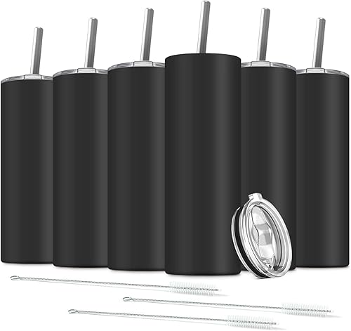 Miniatura 1 de Paquete de 6 vasos delgados de acero inoxidable, vaso de agua de doble aislamiento de 20 onzas con 6 popotes y 3 cepillos, taza de viaje al vacío,