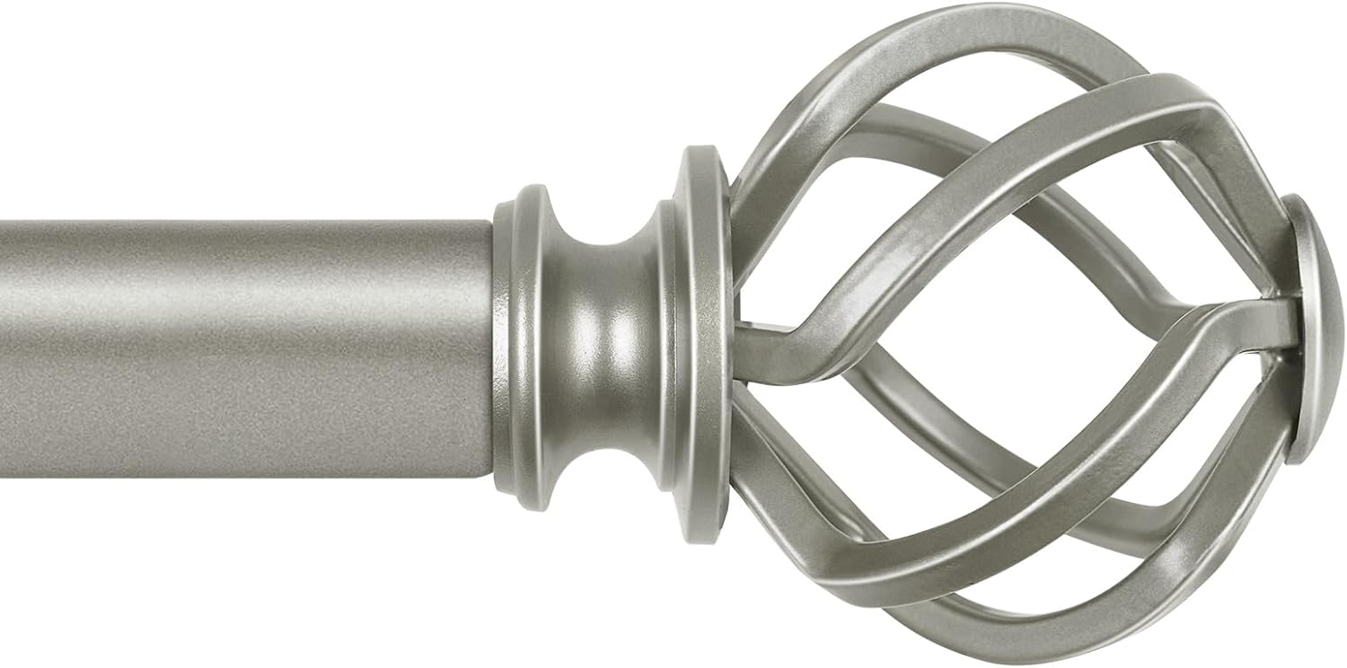 KAMANINA Antique Silver Curtain Rod 32 to 58 inch(2.6-4.8ft), 1 inch Adjustable Single Curtain Rods for Windows 28 to 48 inch, Decorative Drapery Rod with Twisted Cage Ends