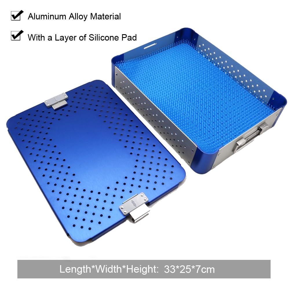 Bandeja de esterilización de aleación de aluminio con tapete de silicona Caja de desinfección de instrumentos quirúrgicos médicos Estuches de limpieza y lavado para esterilización(33*25*7cm)