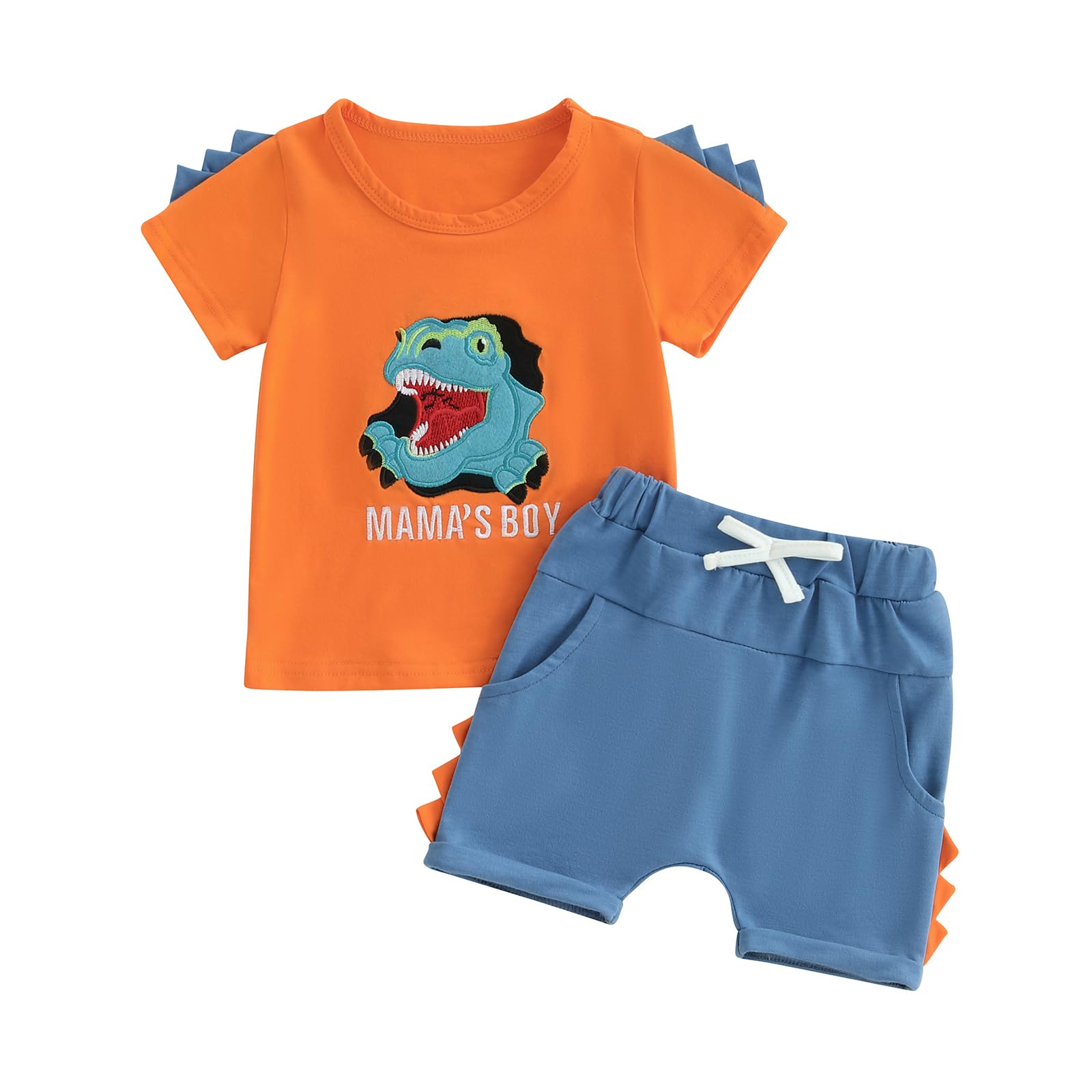 LIOMENGZI Toddler Baby Boy Summer Clothes Dinosaur Embroidery Short Sleeve T-Shirt Elastic Shorts Set Cute Infant Boy Outfits (Blue Orange, 2-3T)
