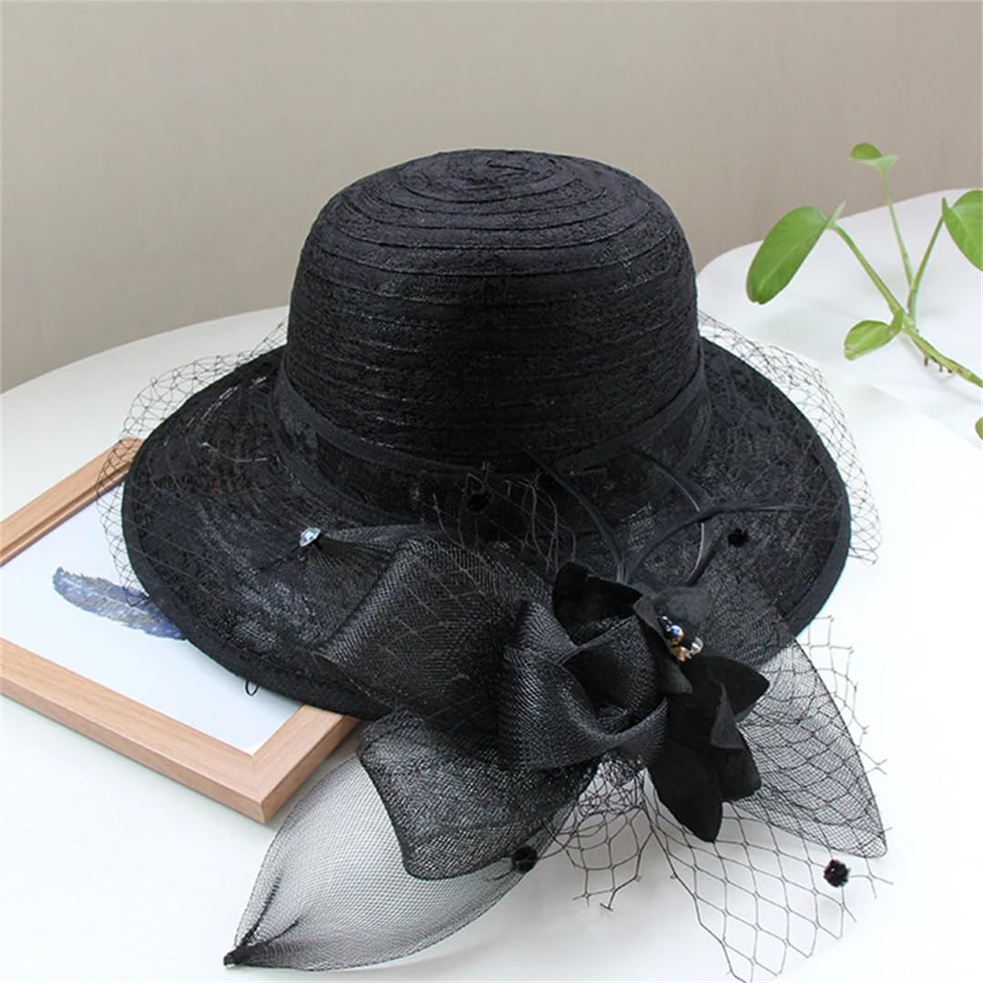 Yeuyyben Femminile Elegante Organza Cappelli Adulto Viaggio Sun Caps Femminile Tesa Larga Beach Caps Lady Party Bucket Organza Caps