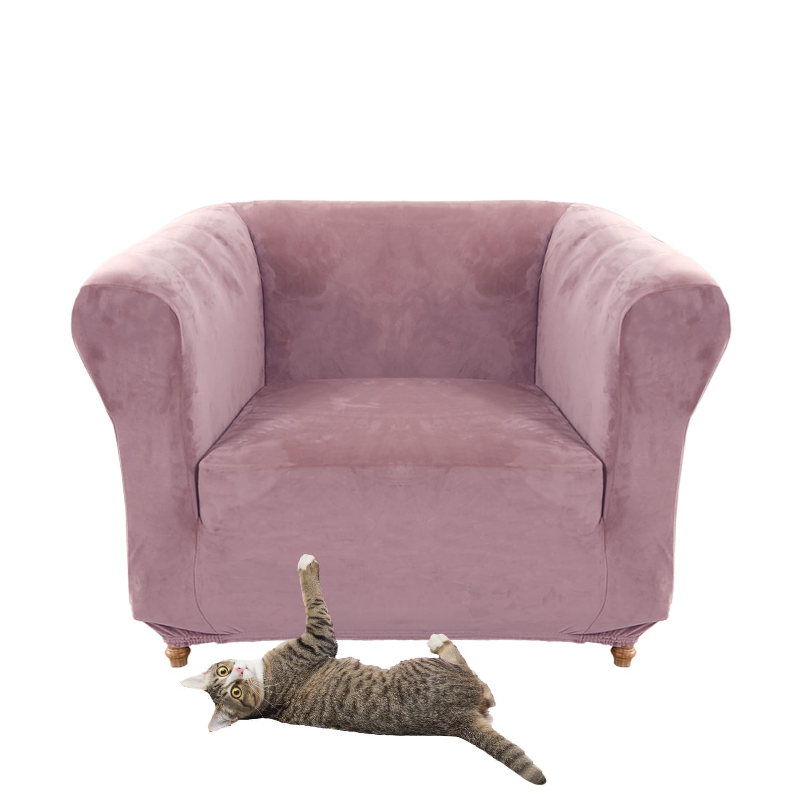 Stretch Velvet Chesterfield Sofa Cover Couch Cover with Seat Cushion for Curved Chaise Armchair Vintage Style (Pink Chair)